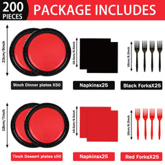 gisgfim red and black dessert plates add contrast to sweet treats.