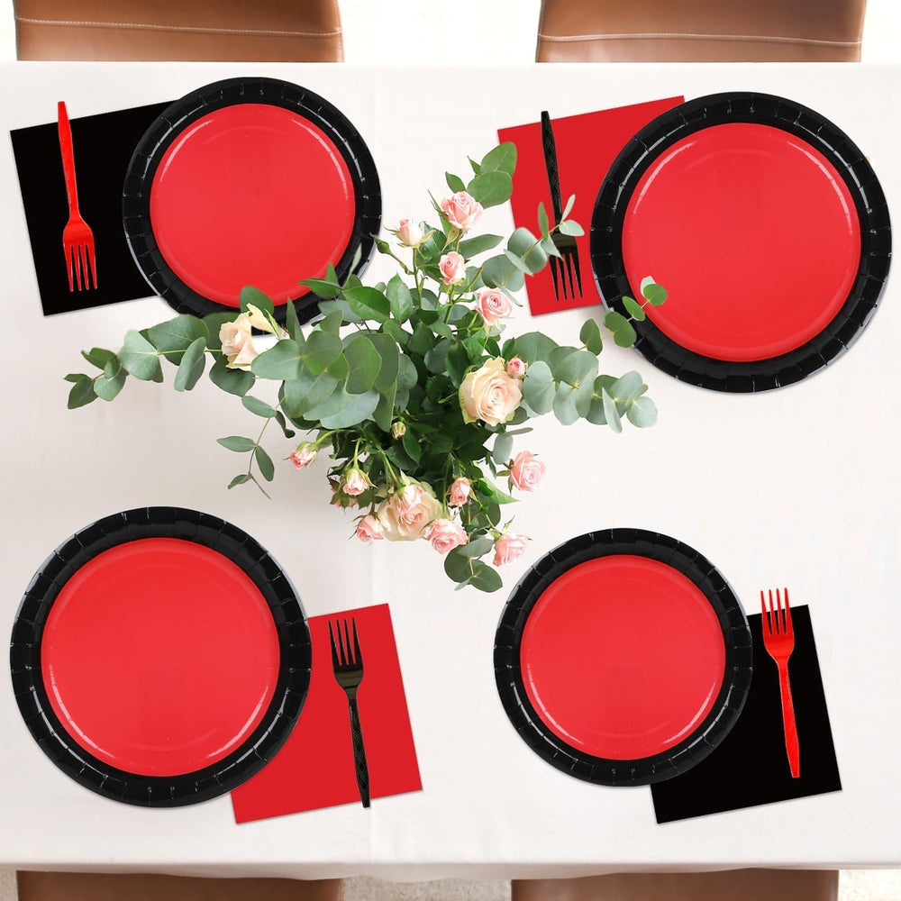 gisgfim red-black party setup highlights bold color scheme for celebrations.
