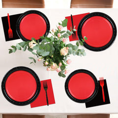gisgfim red-black party setup highlights bold color scheme for celebrations.