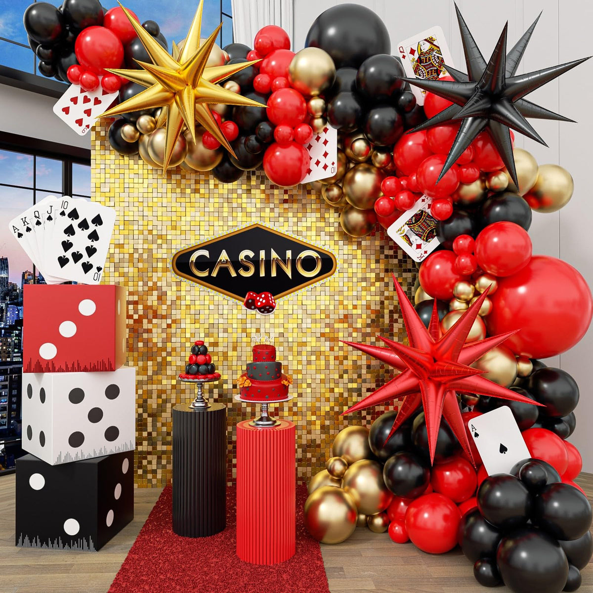 GIZIUXNE casino balloon arch kit with black, red, and gold balloons for a striking backdrop