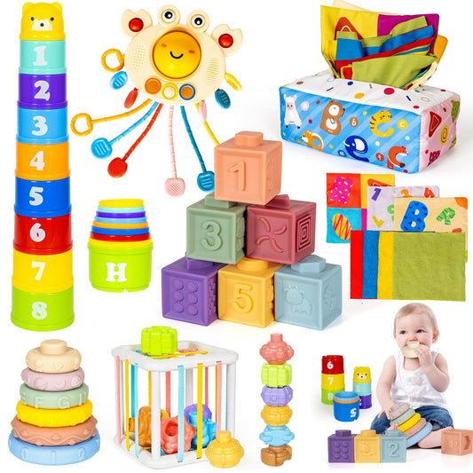 GJOF2YK 6-in-1 Montessori toy set with blocks and cups for color and shape learning.