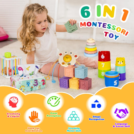 GJOF2YK tissue box sensory toy with crinkle papers and scarves for fine motor play.
