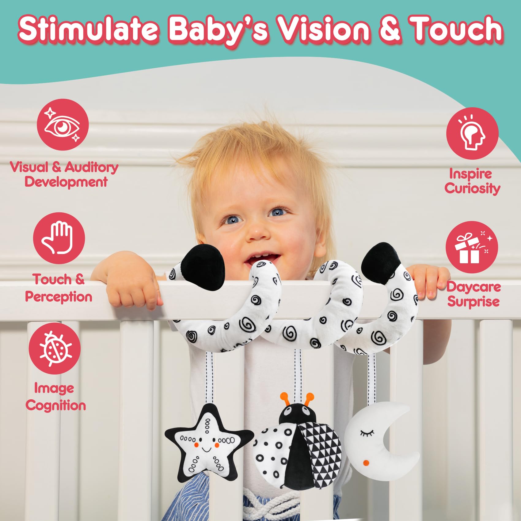 GKDOMS baby spiral hanging toy for car seat keeps newborn engaged during car rides.