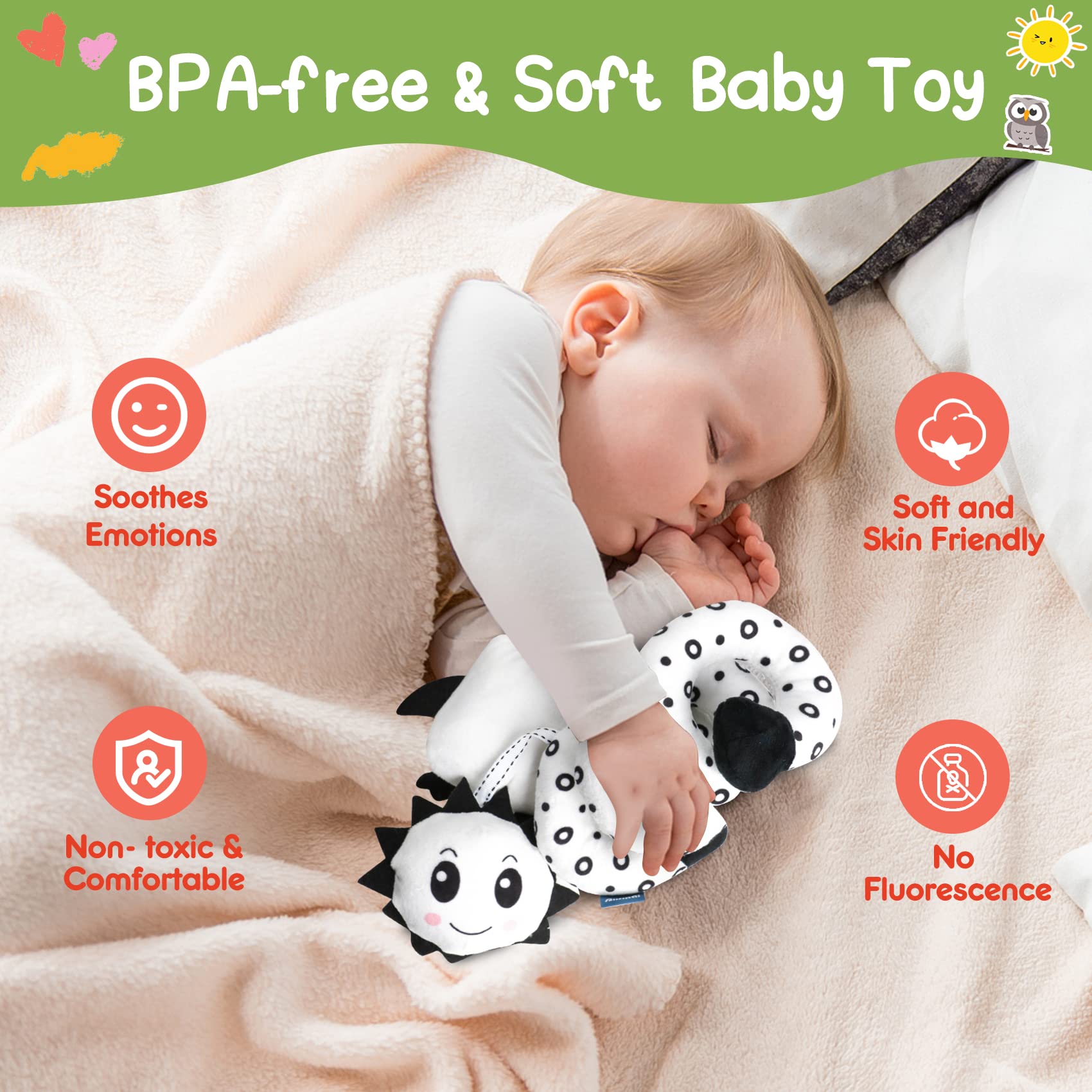 GKDOMS crib-attachment spiral toy helps baby reach and explore safely.