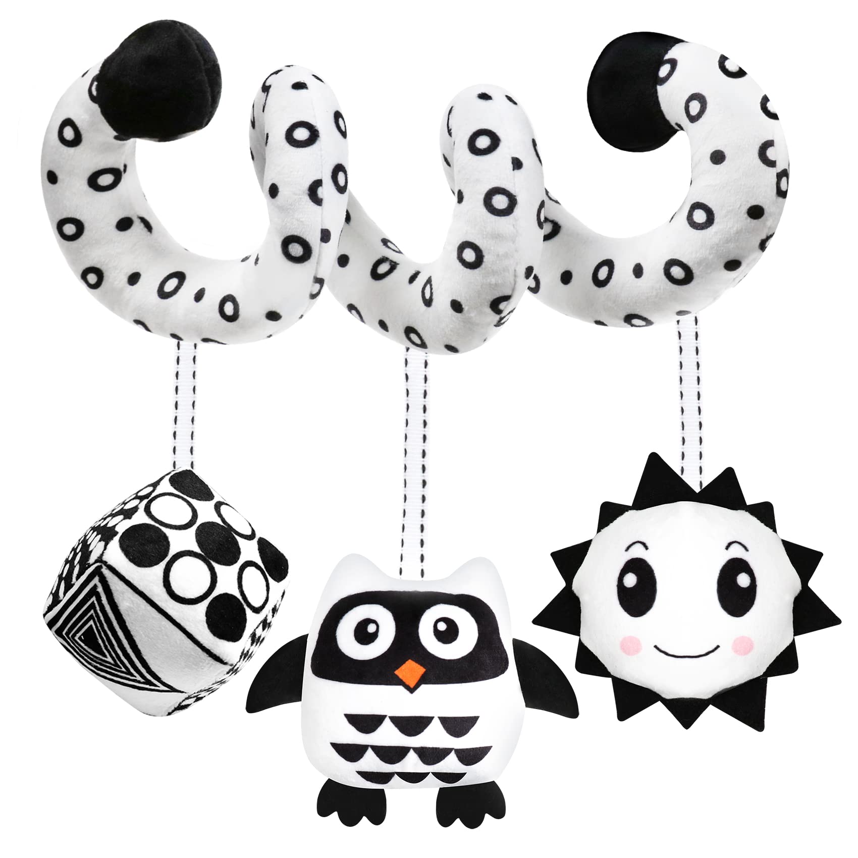 GKDOMS baby spiral hanging toy with owl sun squeaker for soothing, high-contrast stimulation.