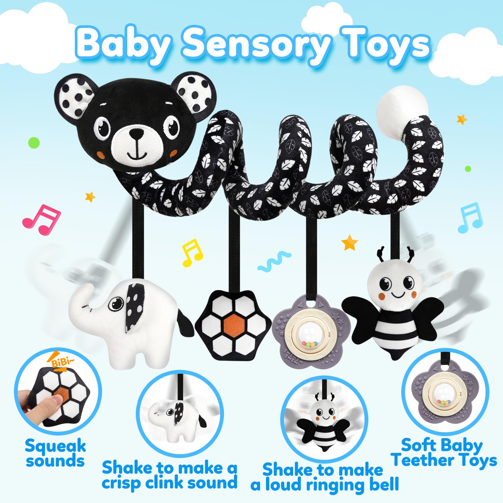 GKDOMS Black and White bear rattle encourages visual focus during stroller rides.