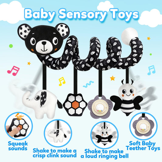 GKDOMS Black and White bear rattle encourages visual focus during stroller rides.
