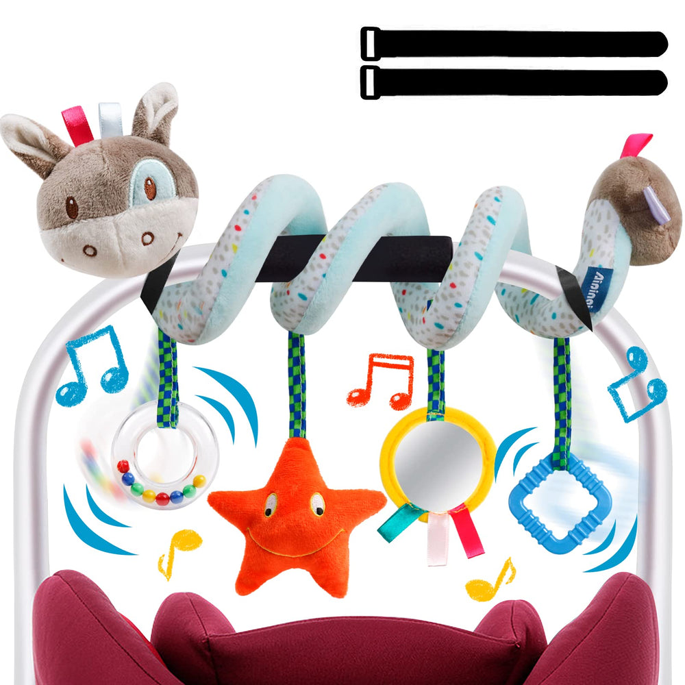 GKDOMS donkey spiral toy on a stroller enhances visual focus and tactile exploration