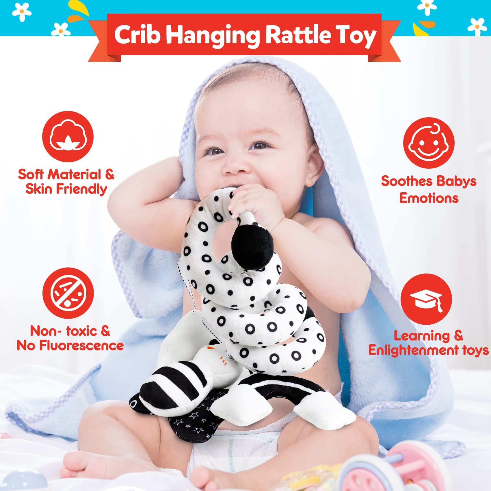GKDOMS plush bee and cloud rattle stimulates auditory interest and grasping.