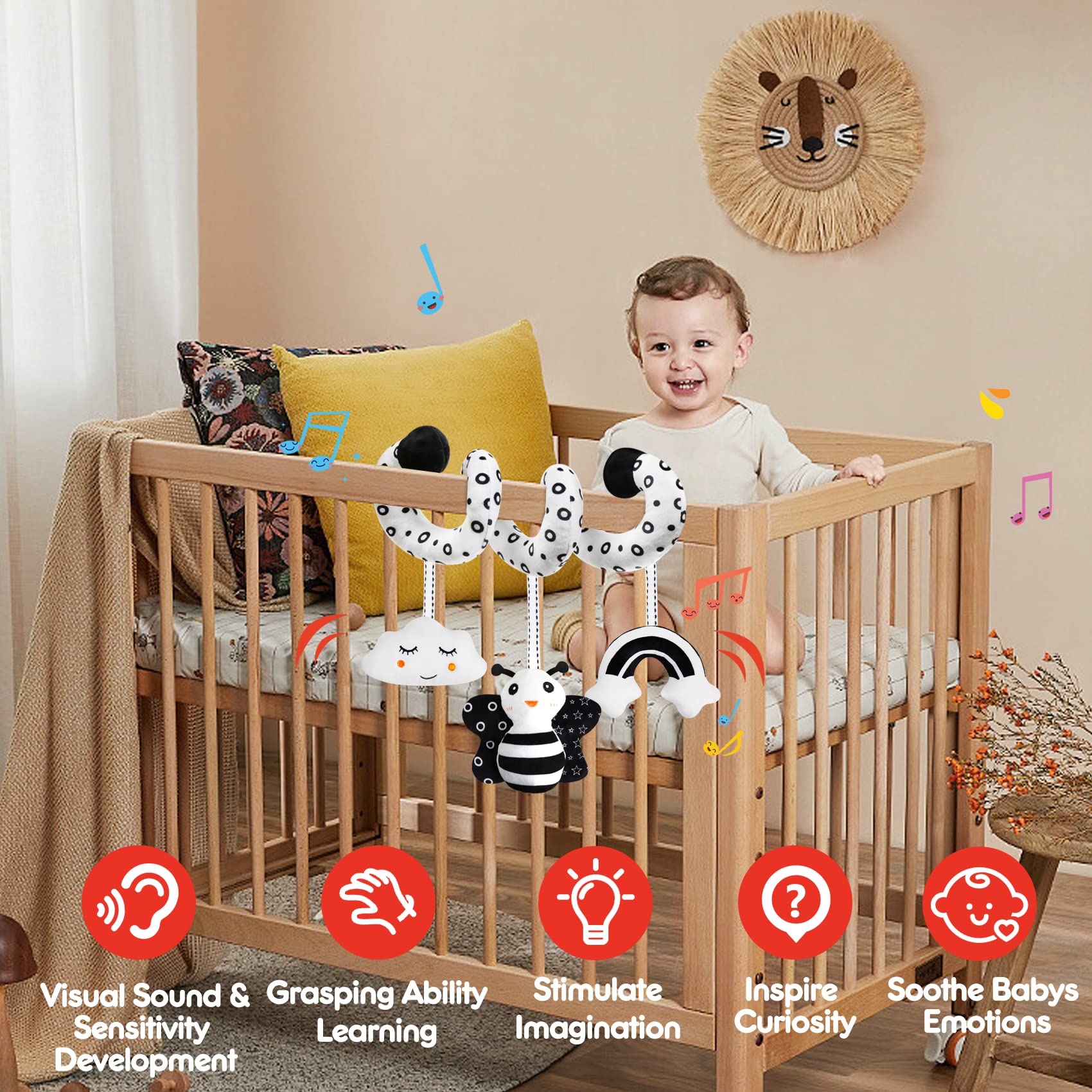 GKDOMS spiral activity toy easily attaches to strollers for on-the-go play.