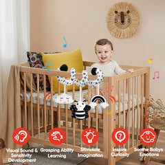 GKDOMS spiral activity toy easily attaches to strollers for on-the-go play.