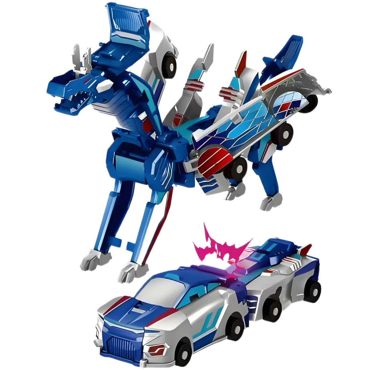 Gkiozu magnetic dinosaur car toy with blue dragon—crash and transform play.