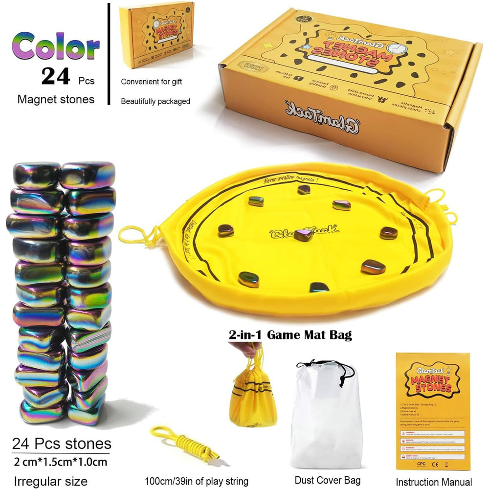 GlamTack magnet game with string in use for portable play.