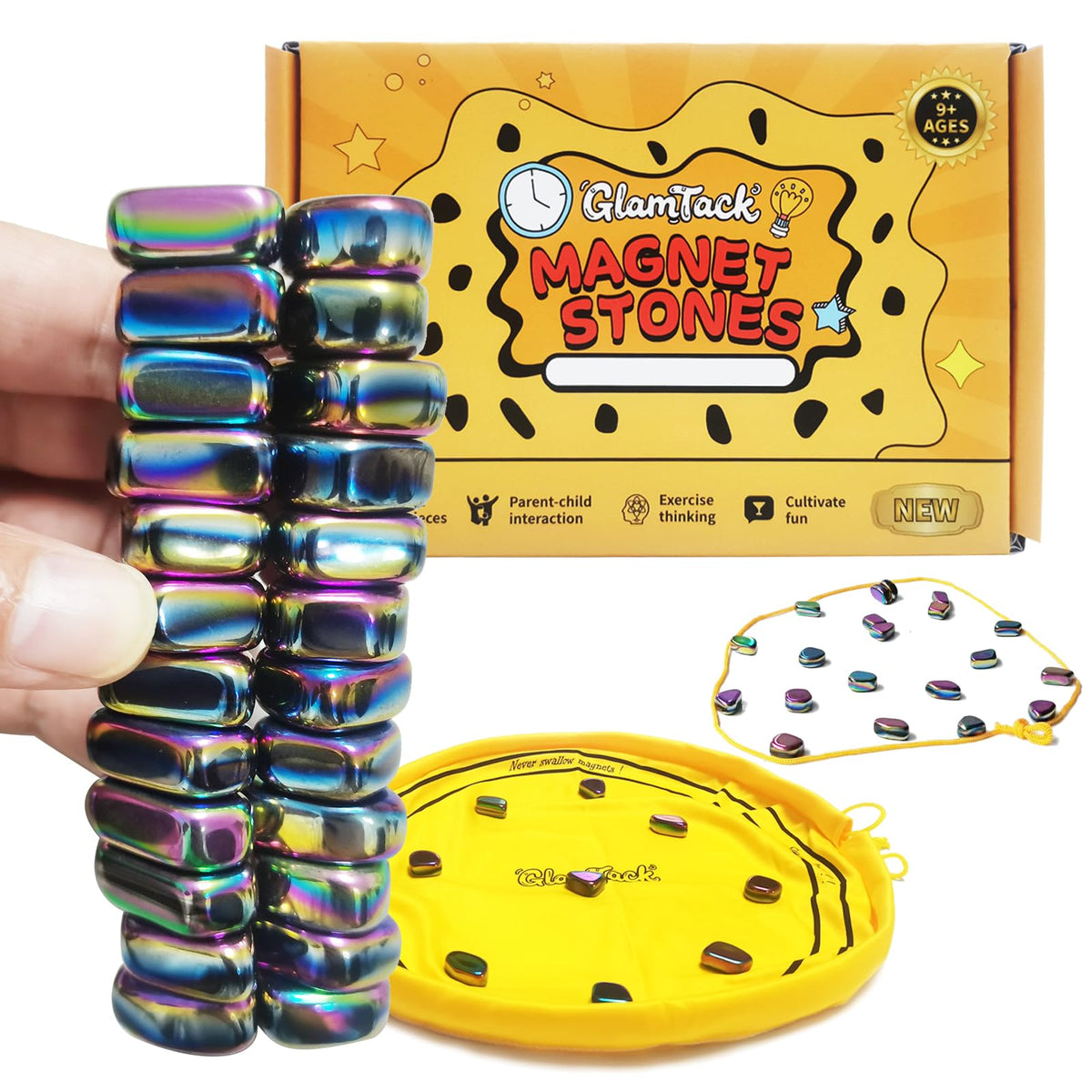 GlamTack magnetic chess with 24 colored stones for engaging family strategy.