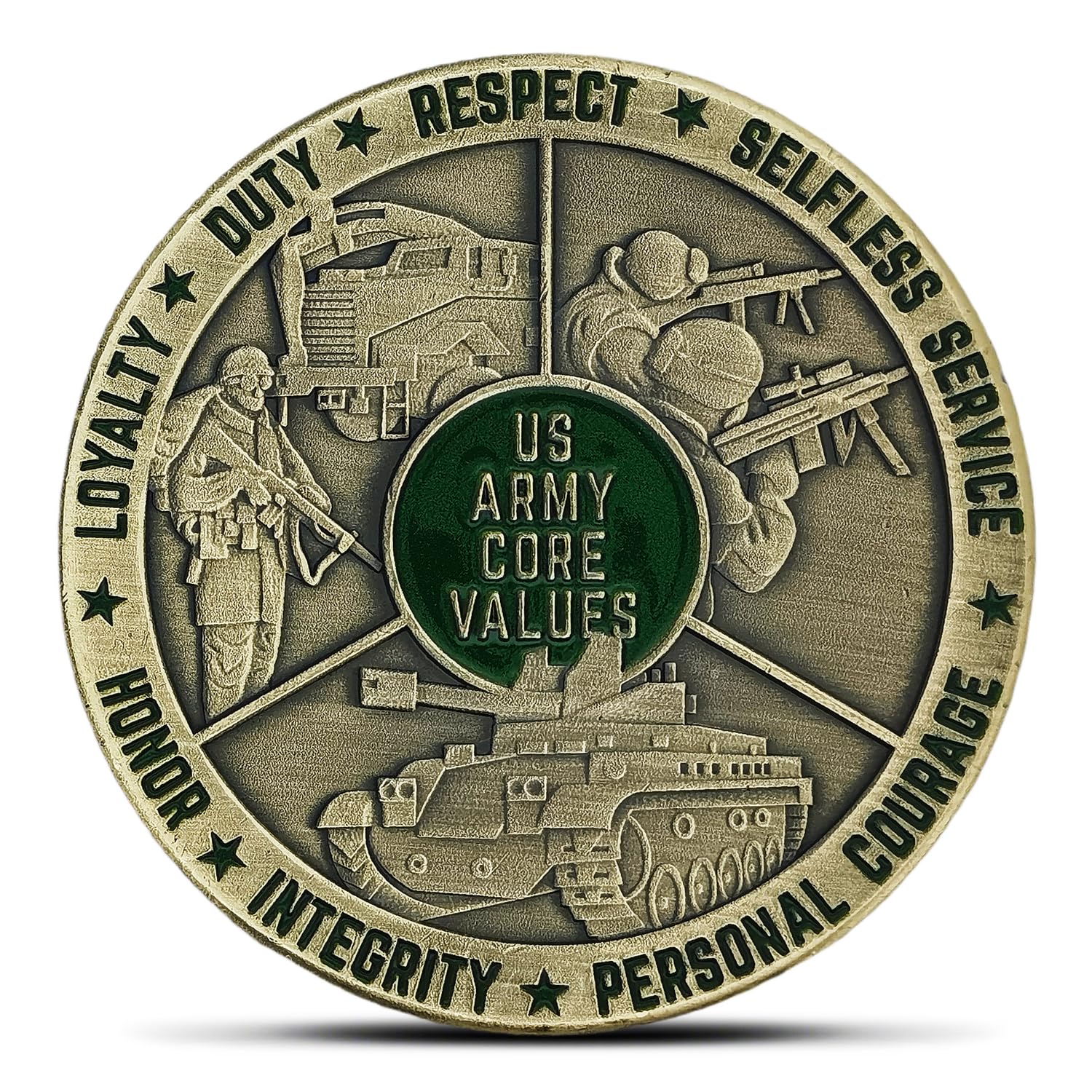 Glamtune US Army Core Values coin front view with flag and values, a durable keepsake