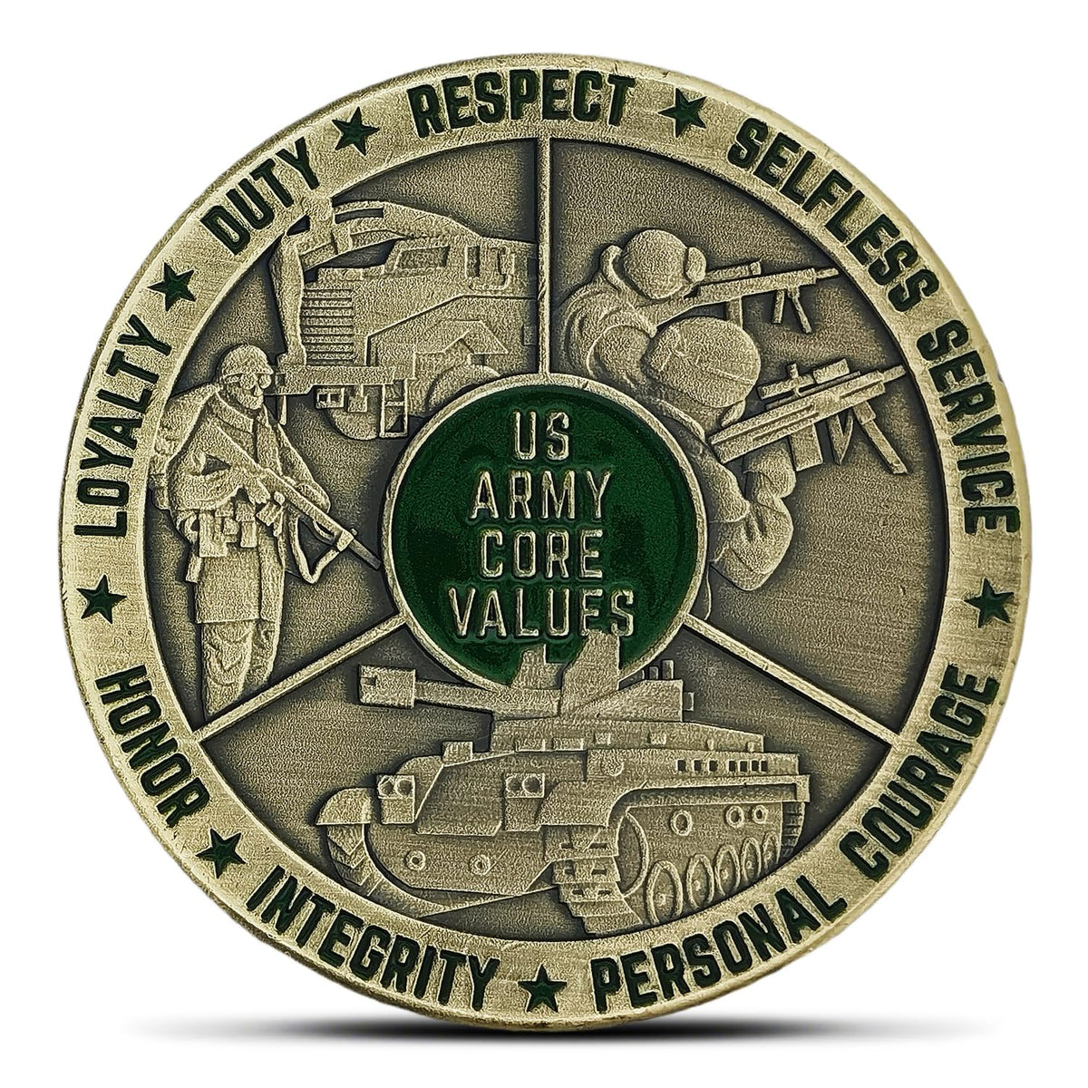 Glamtune US Army Core Values coin front view with flag and values, a durable keepsake
