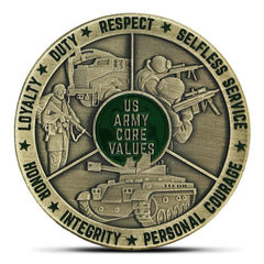 Glamtune US Army Core Values coin front view with flag and values, a durable keepsake