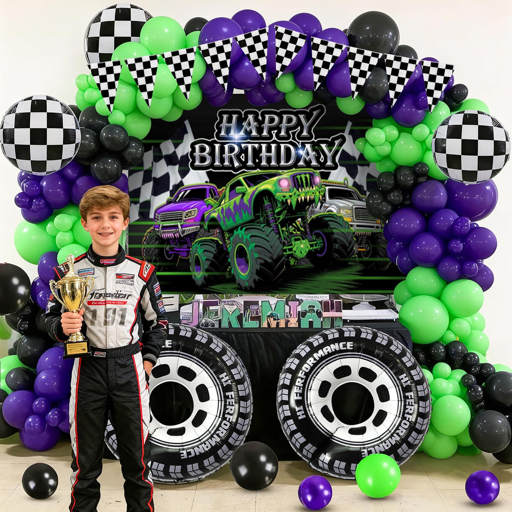GLANFOIO triangle banner accents complete the monster truck setup.