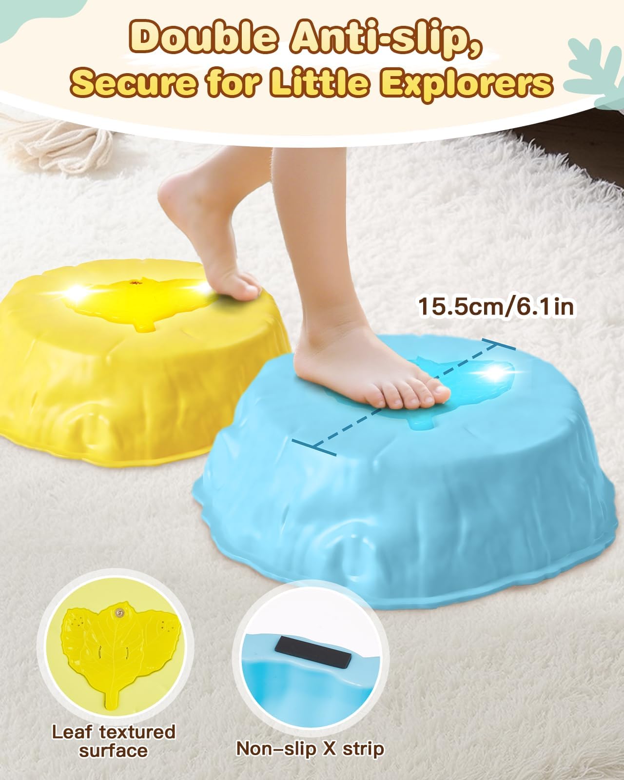 Gleamkid anti-slip strips keep stepping stones stable on multiple surfaces.