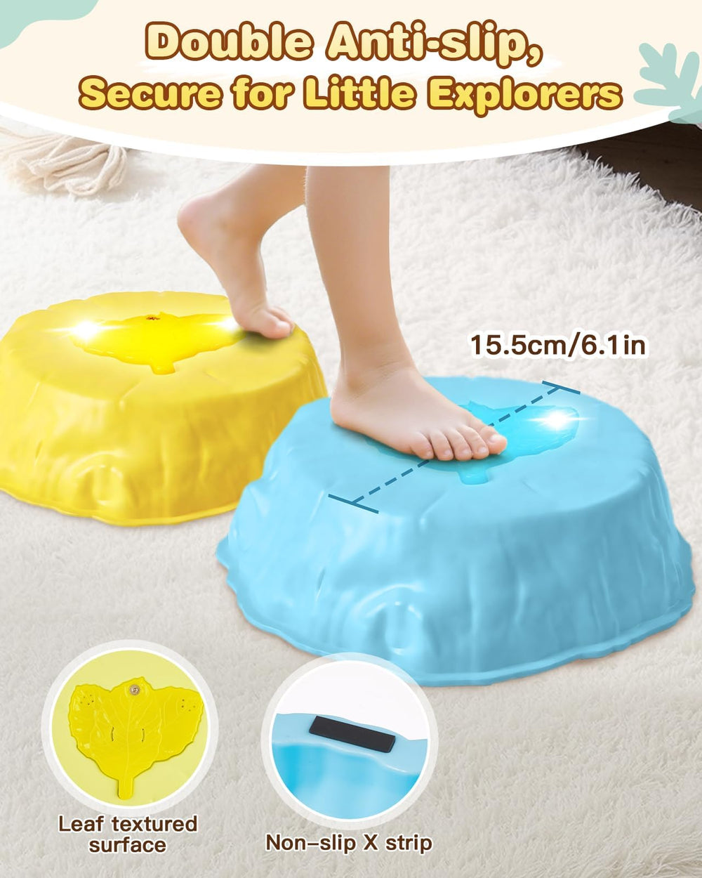 Gleamkid anti-slip strips keep stepping stones stable on multiple surfaces.