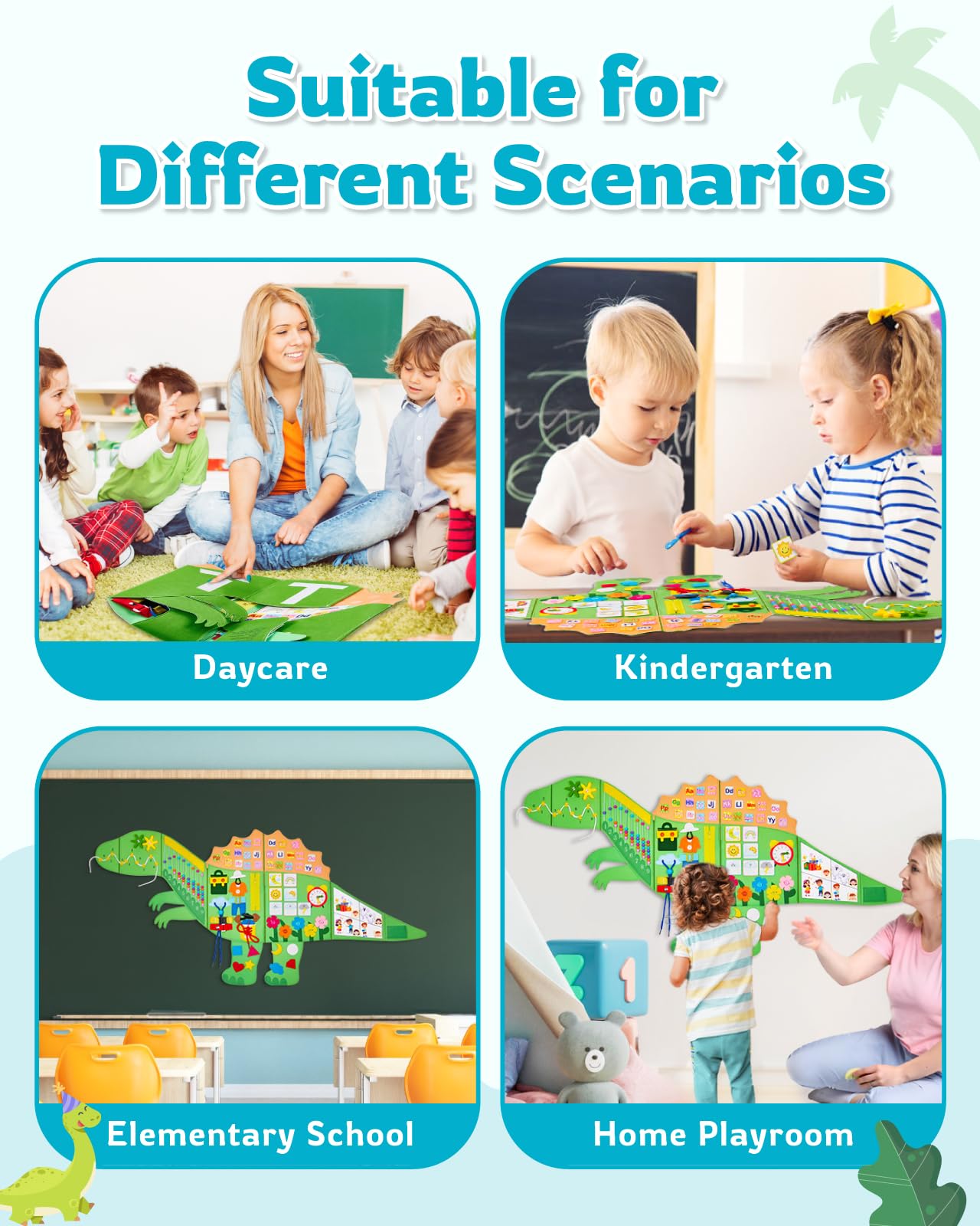 Gleamkid dinosaur busy board demonstrates dressing skills through zips and buttons for practical life practice