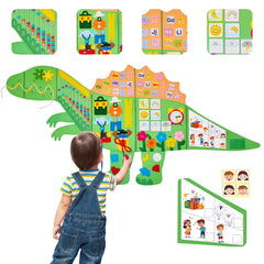 Gleamkid Dinosaur Busy Board front view showcases colorful themes for at-home learning and imaginative play
