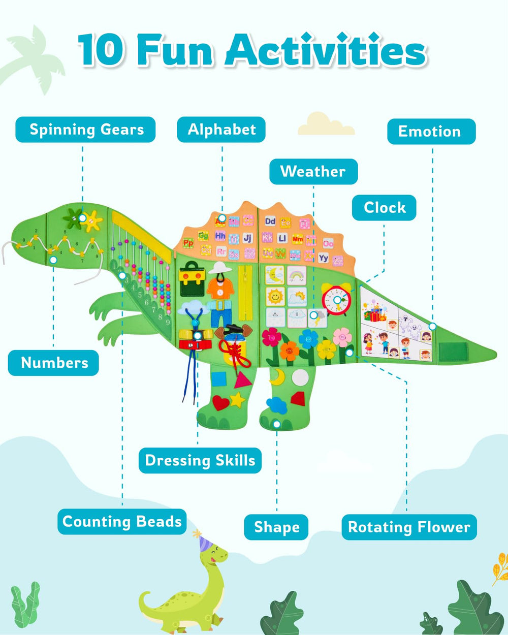 Gleamkid dinosaur busy board with spinning gears inspires tactile exploration and fine motor skill practice