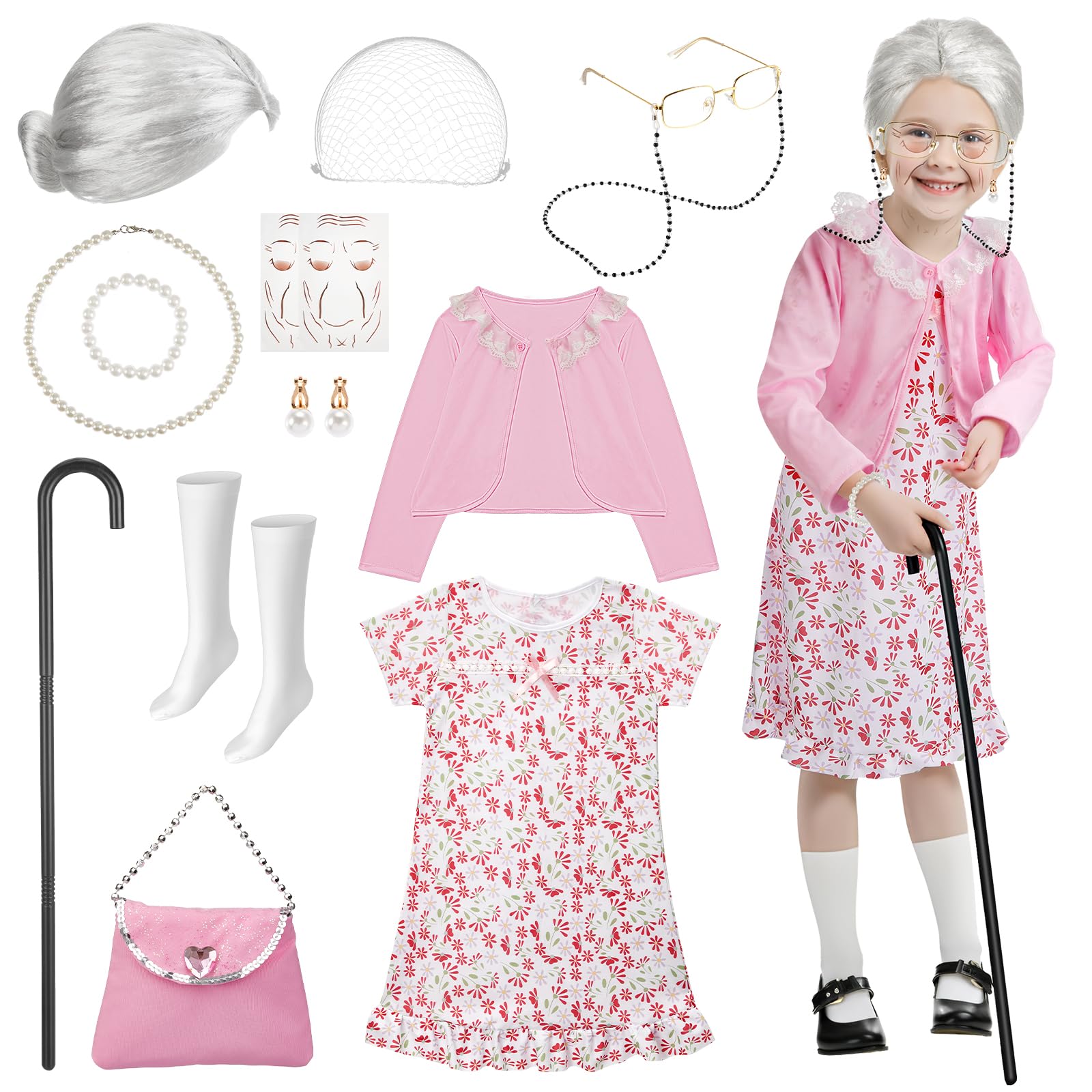 Gleamkid old-lady-dress with cardigan for 100th day celebrations
