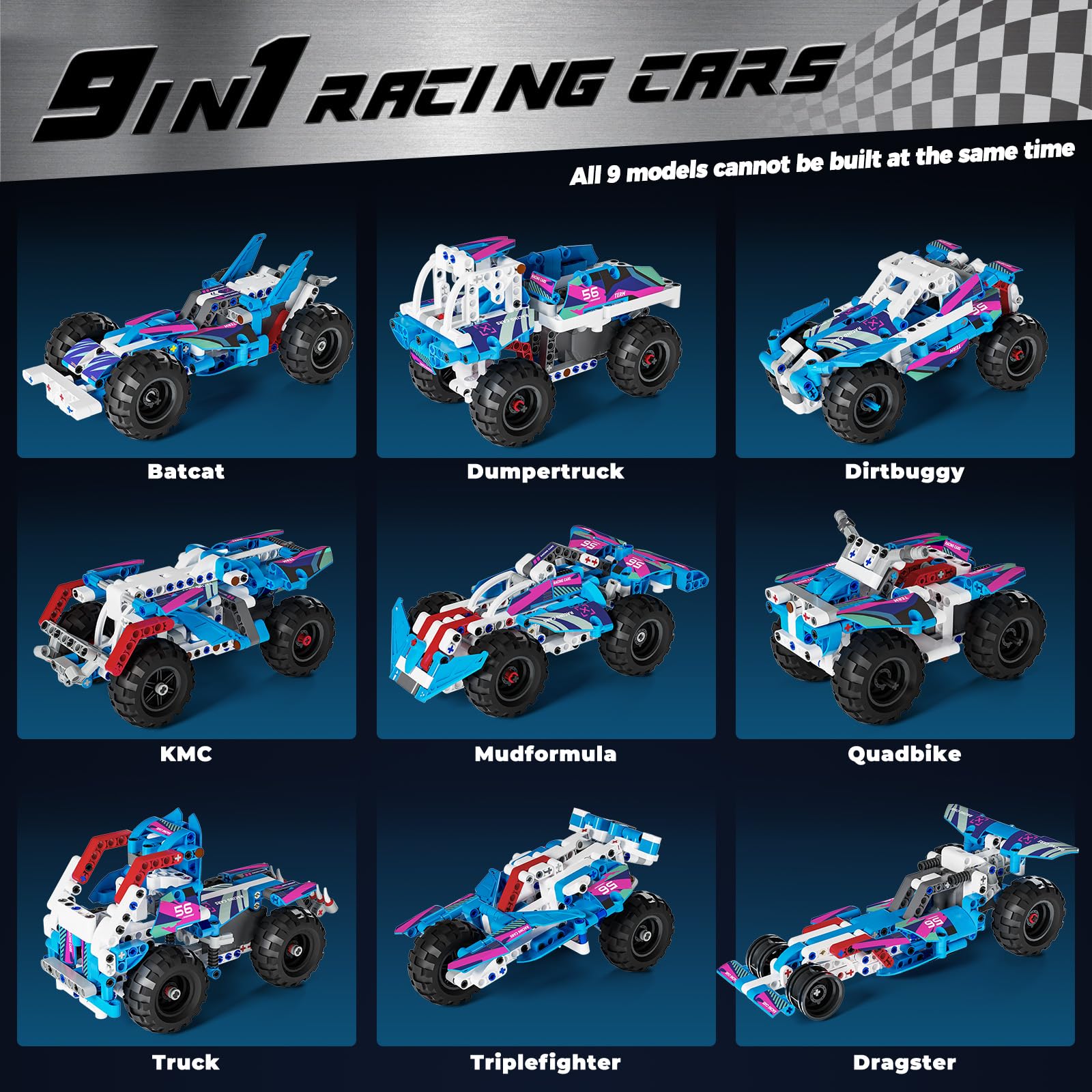 Glikid Technic 9-in-1 models assembly shows kids building multiple race cars.