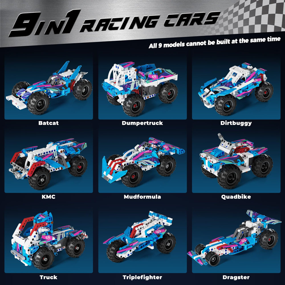 Glikid Technic 9-in-1 models assembly shows kids building multiple race cars.