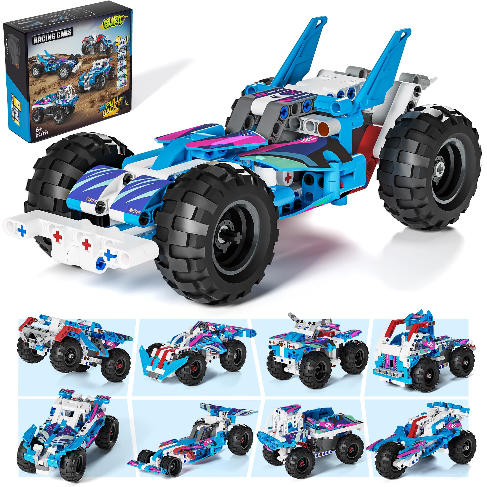Glikid Technic 9-in-1 pullback car packaging showcases the set for creative engineering play.