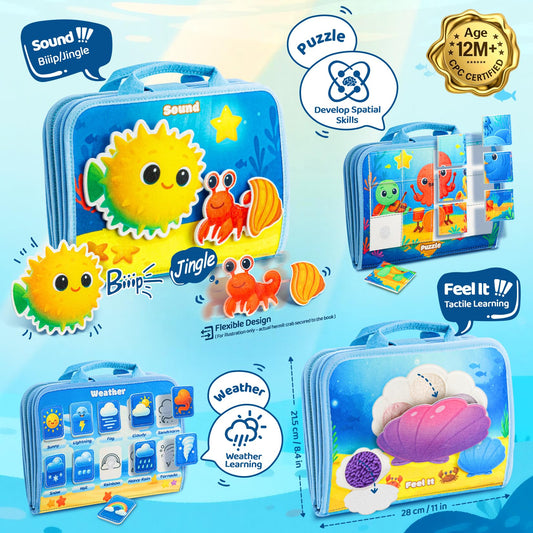 Glintey Busy Board ocean buttoning activity enhances grasp and concentration during play.