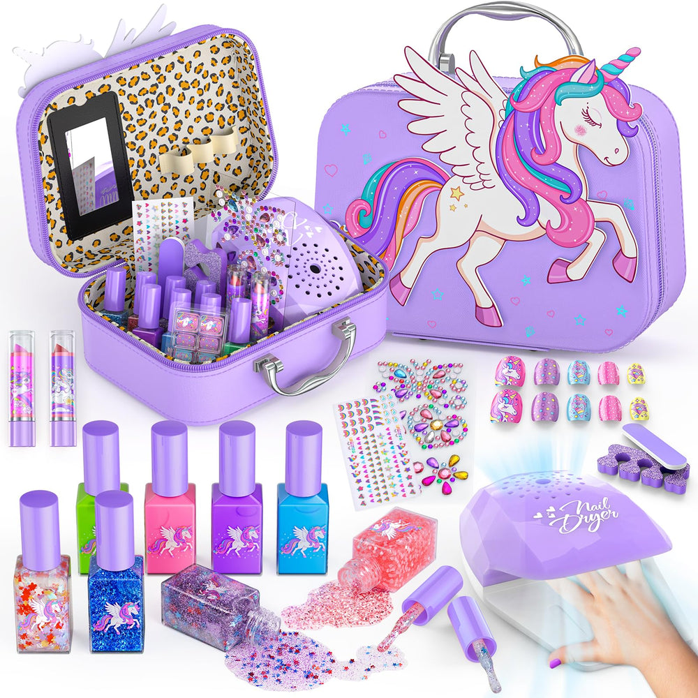 Glisiol Pegasus design storage case keeps kids' nail polish set organized for play.