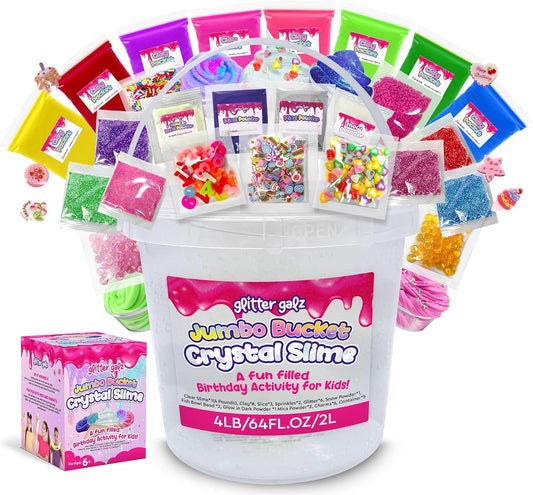 Glitter Galz clear slime bucket closeup showing glossy, stretchable texture for group play
