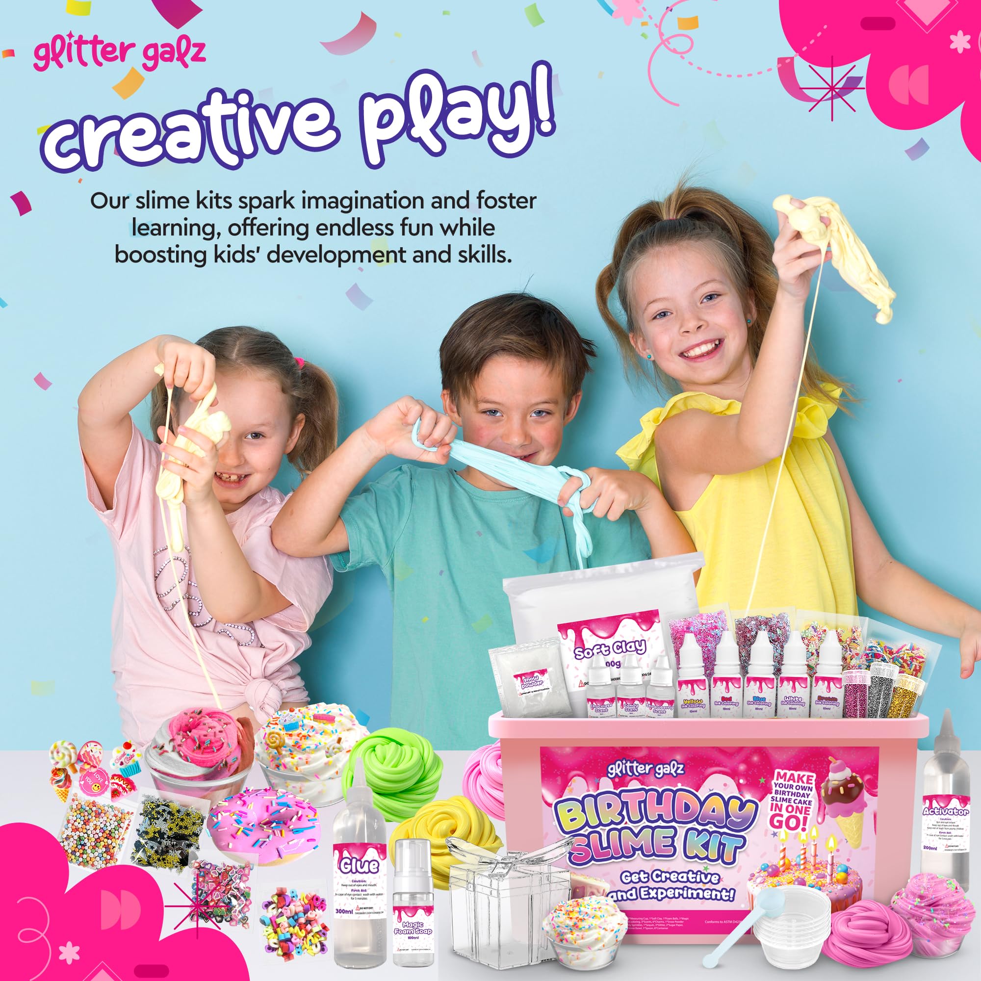 Glitter Galz cloud slime foam clay visuals illustrate fluffy textures.