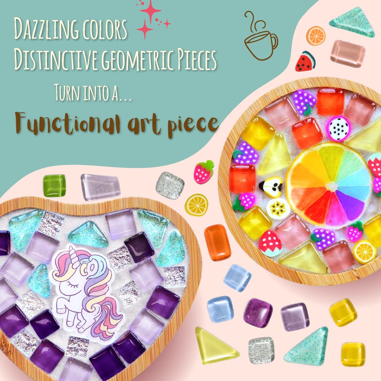 Glittery Garden rainbow heart coaster mosaic adds vibrant color to home spaces