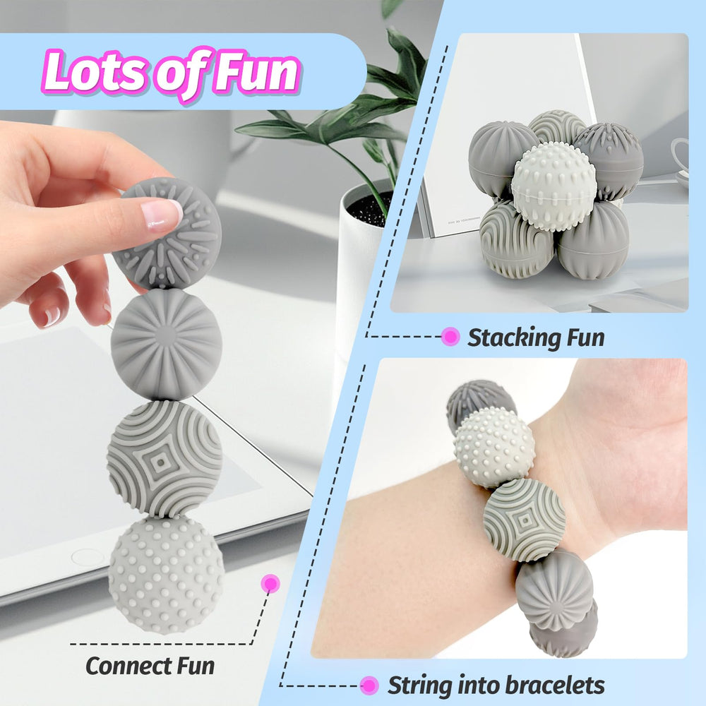 GLMZZ portable case with four textured fidget balls for travel.