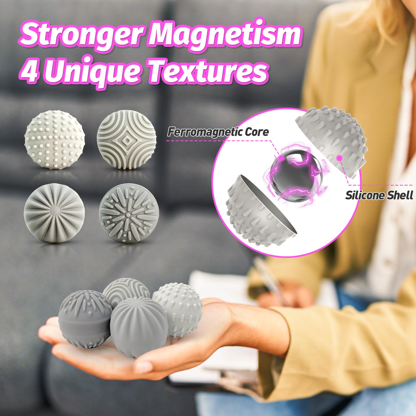 GLMZZ weighted fidget balls show a matte silicone finish for comfort.