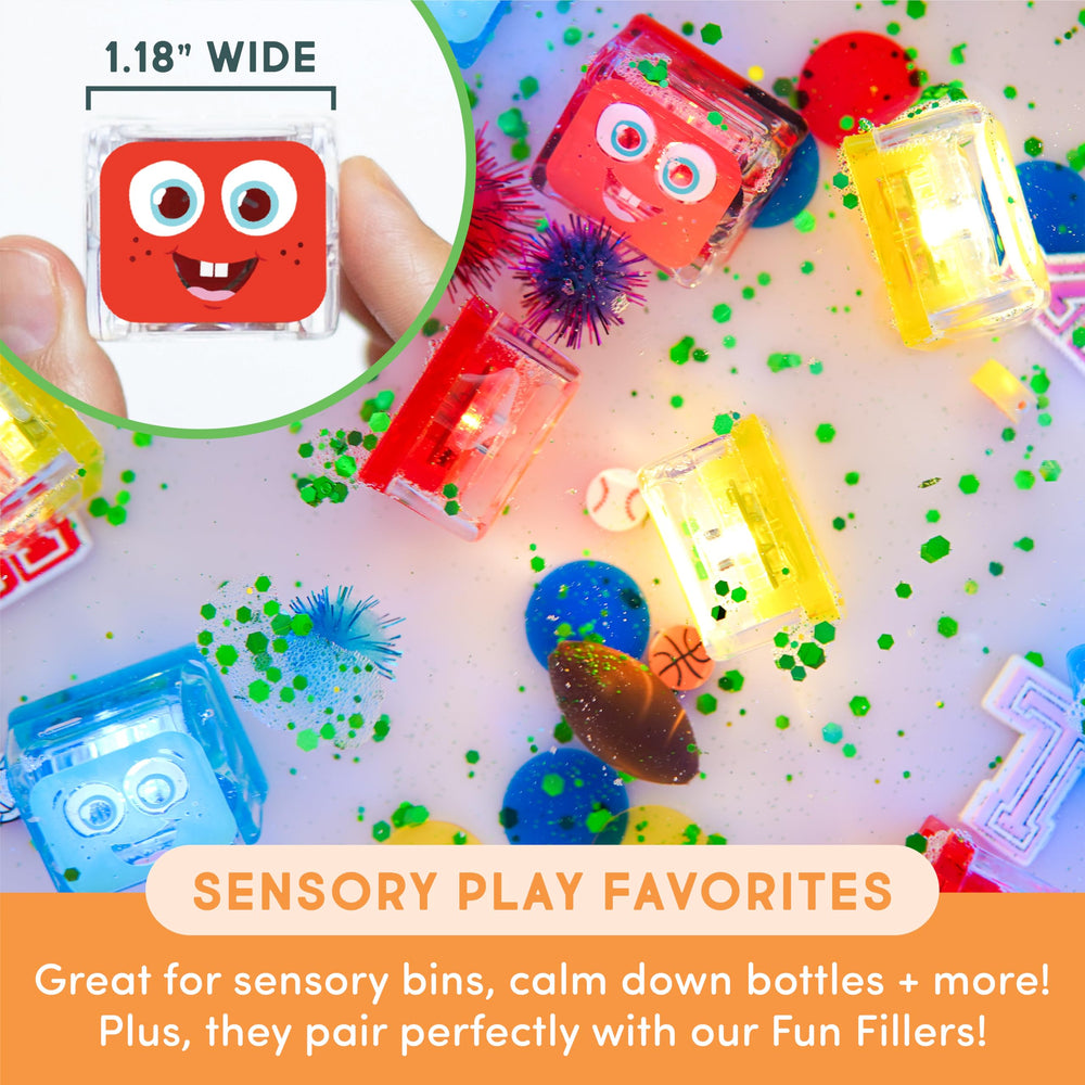 Glo Pals cause-and-effect cubes support early cognitive and motor skills.