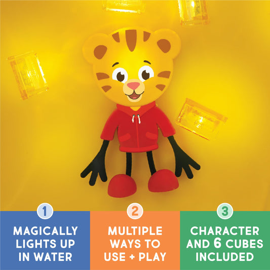 Glo Pals Daniel Tiger orange glow cubes brighten bath time and engage color recognition.