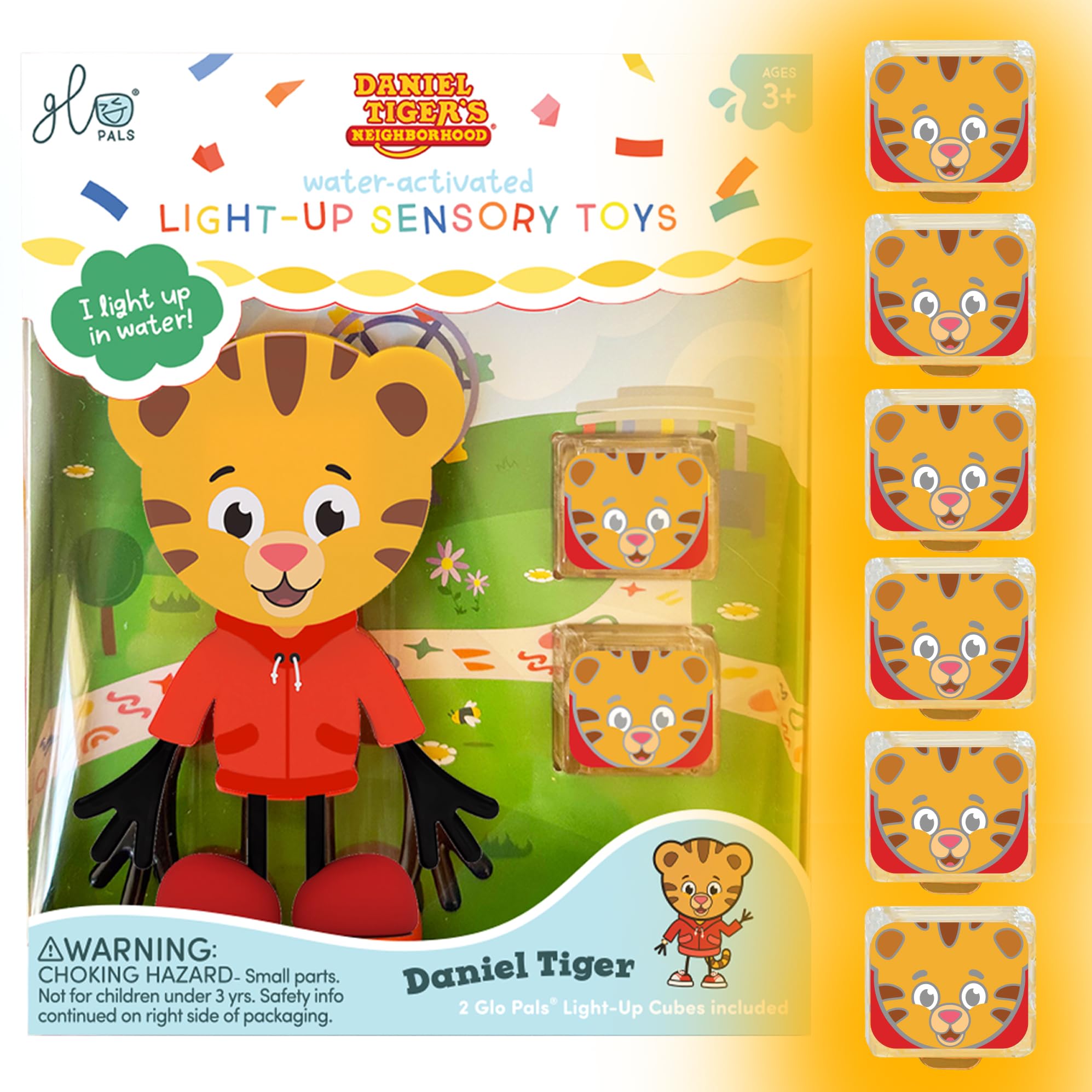 Glo Pals Daniel Tiger water-activated cubes glow during bath for sensory exploration.