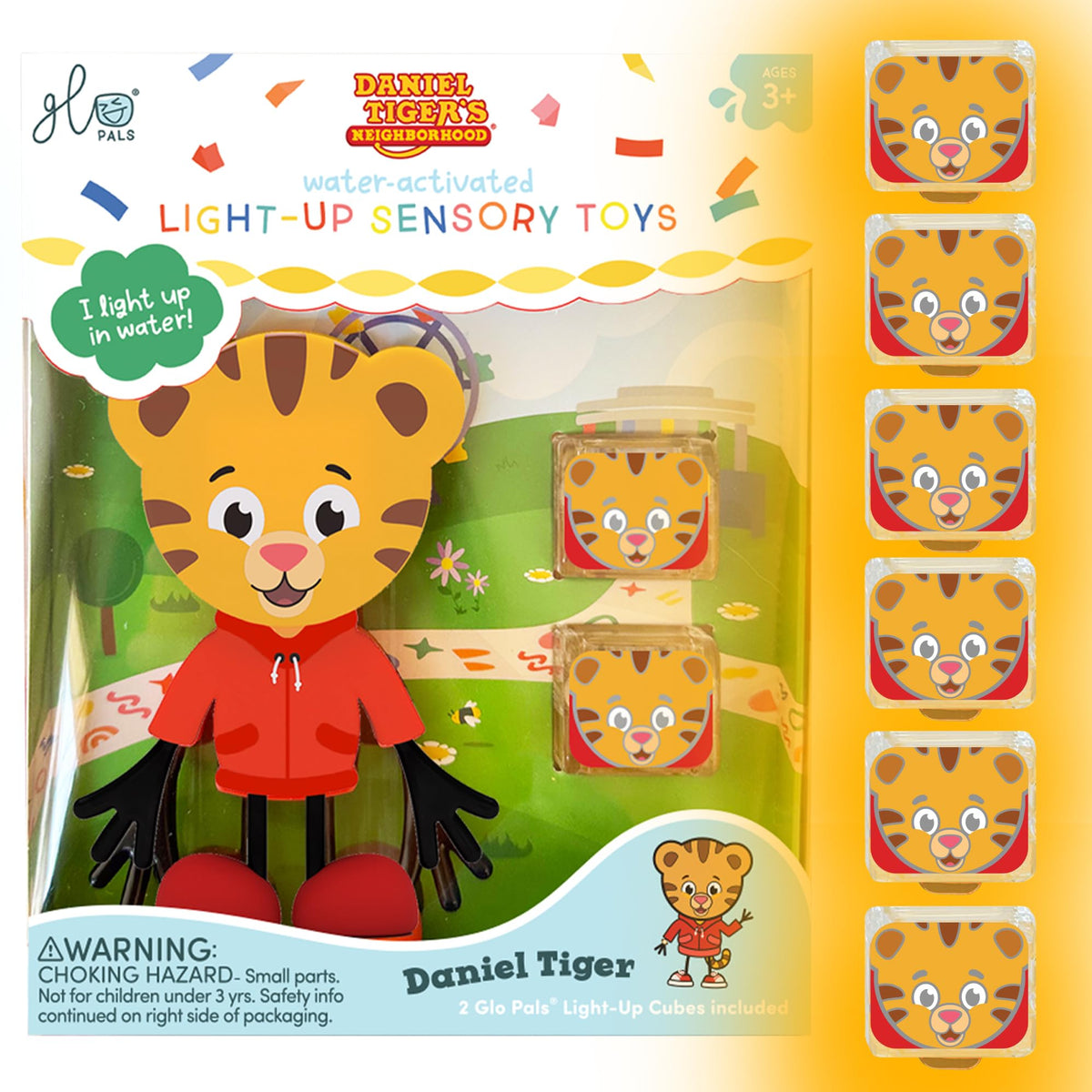 Glo Pals Daniel Tiger water-activated cubes glow during bath for sensory exploration.
