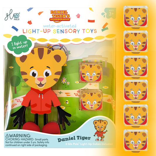 Glo Pals Daniel Tiger water-activated cubes glow during bath for sensory exploration.