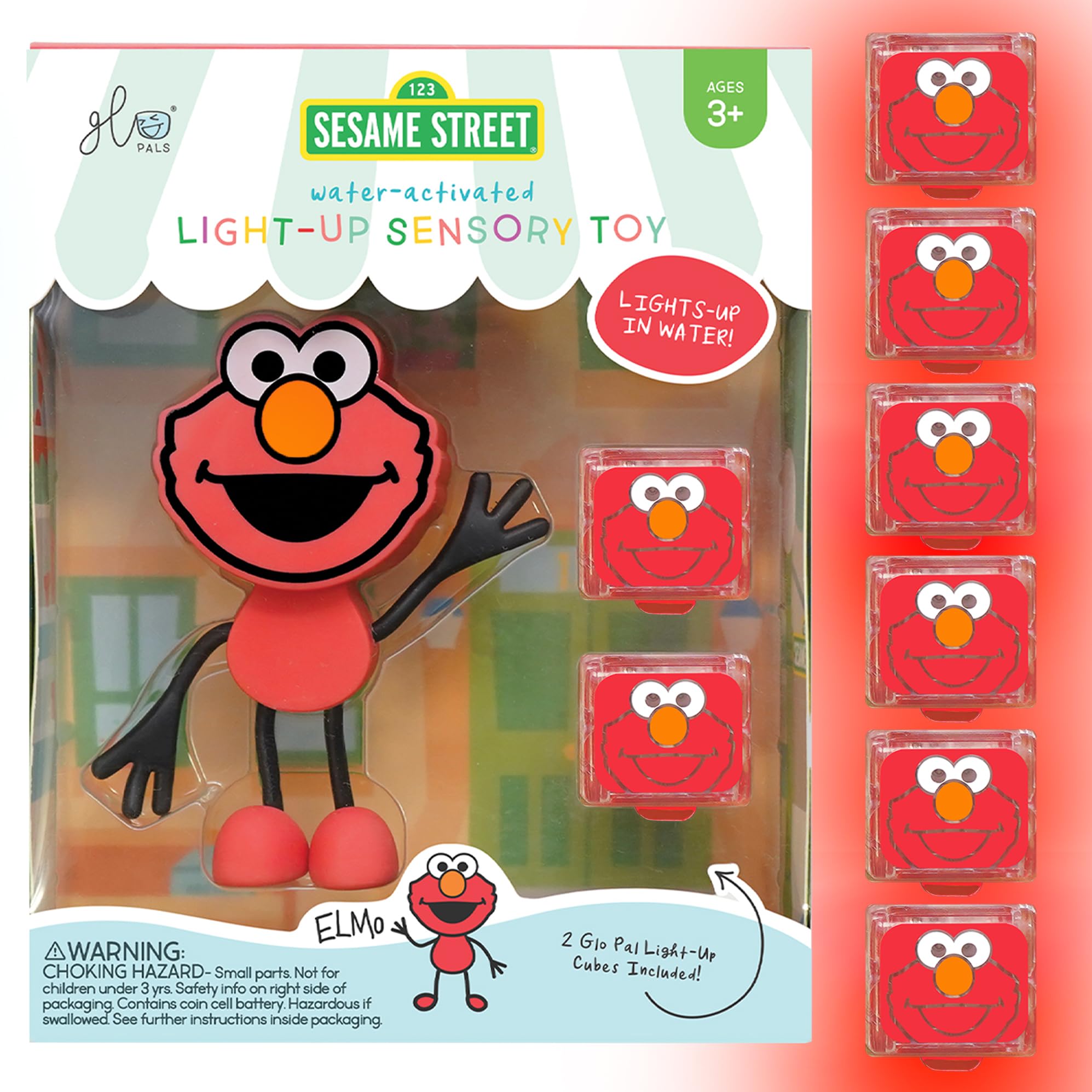 Glo Pals Elmo water-activated cubes glow during bath time play