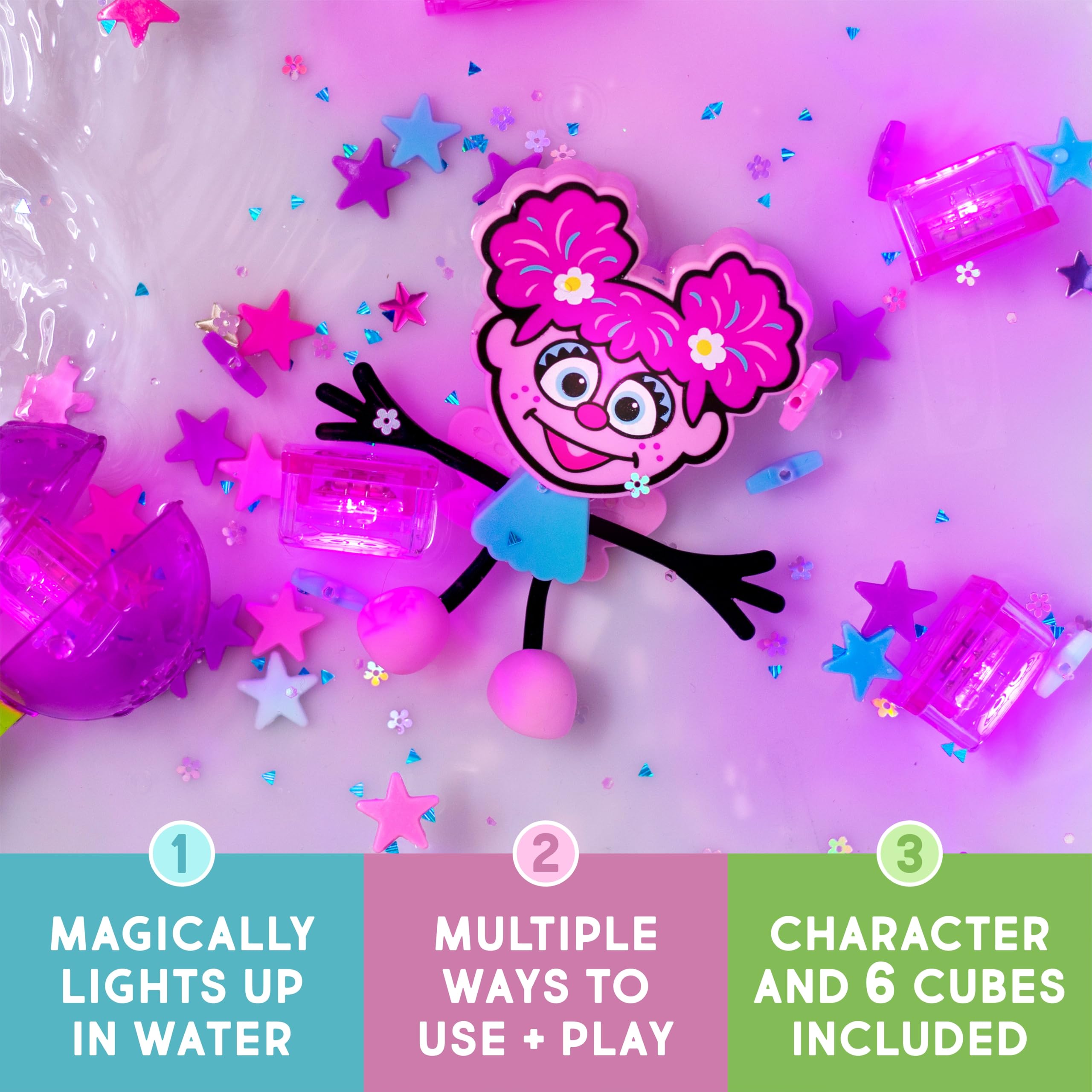 Glo Pals Sesame Street orange lit cubes support color recognition and motor skills during bath time.