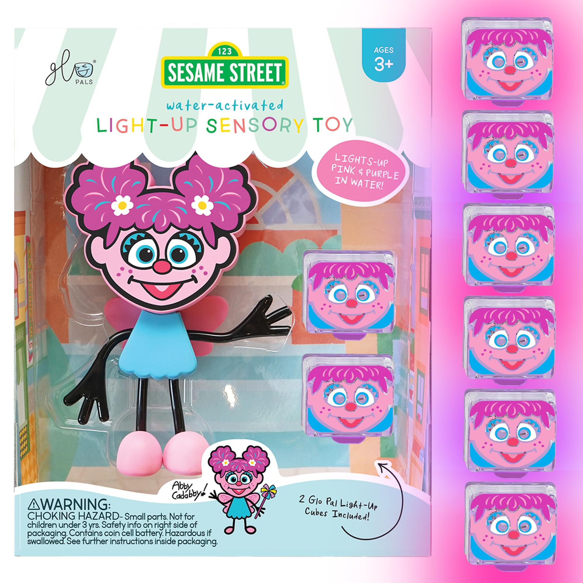 Glo Pals Abby Cadabby water activated cubes glow for engaging bath time sensory play.