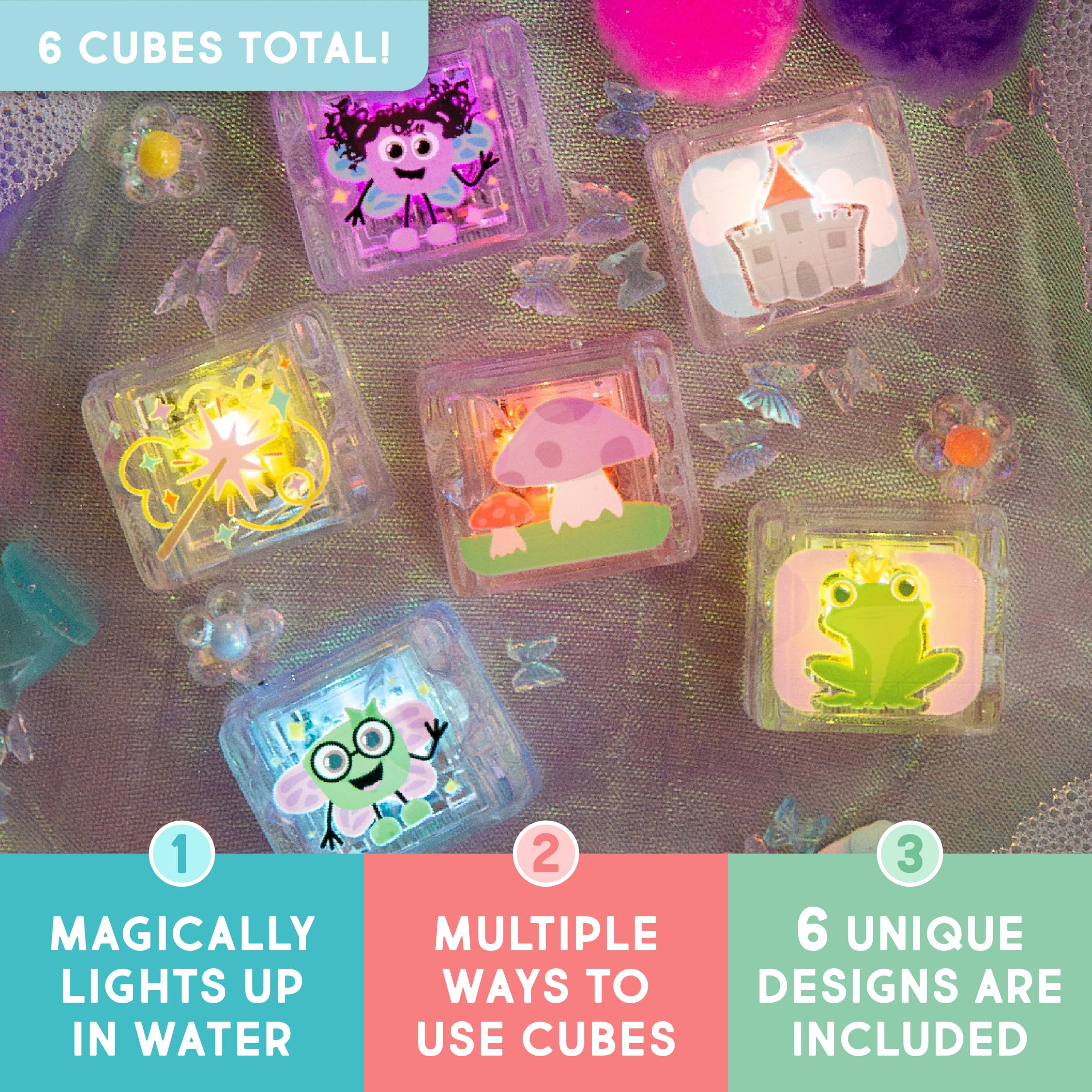 Glo Pals Zoo bath cubes glow in water, encouraging cause-and-effect learning during tub play