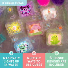 Glo Pals Zoo bath cubes glow in water, encouraging cause-and-effect learning during tub play