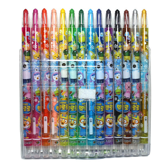 Global Chemical Pororo twist-up crayons outer pack close-up showing color selection