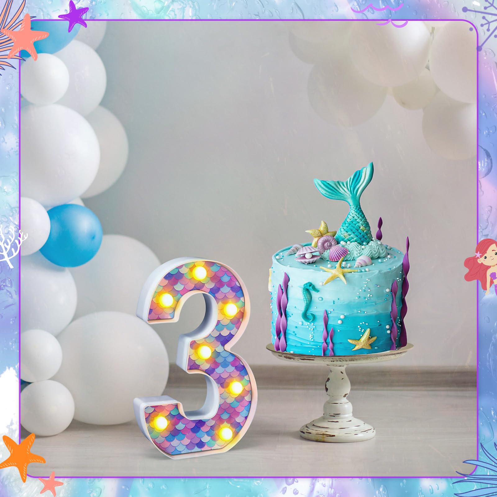 Glooglitter mermaid birthday light number 7 charming under-the-sea centerpiece and prop.